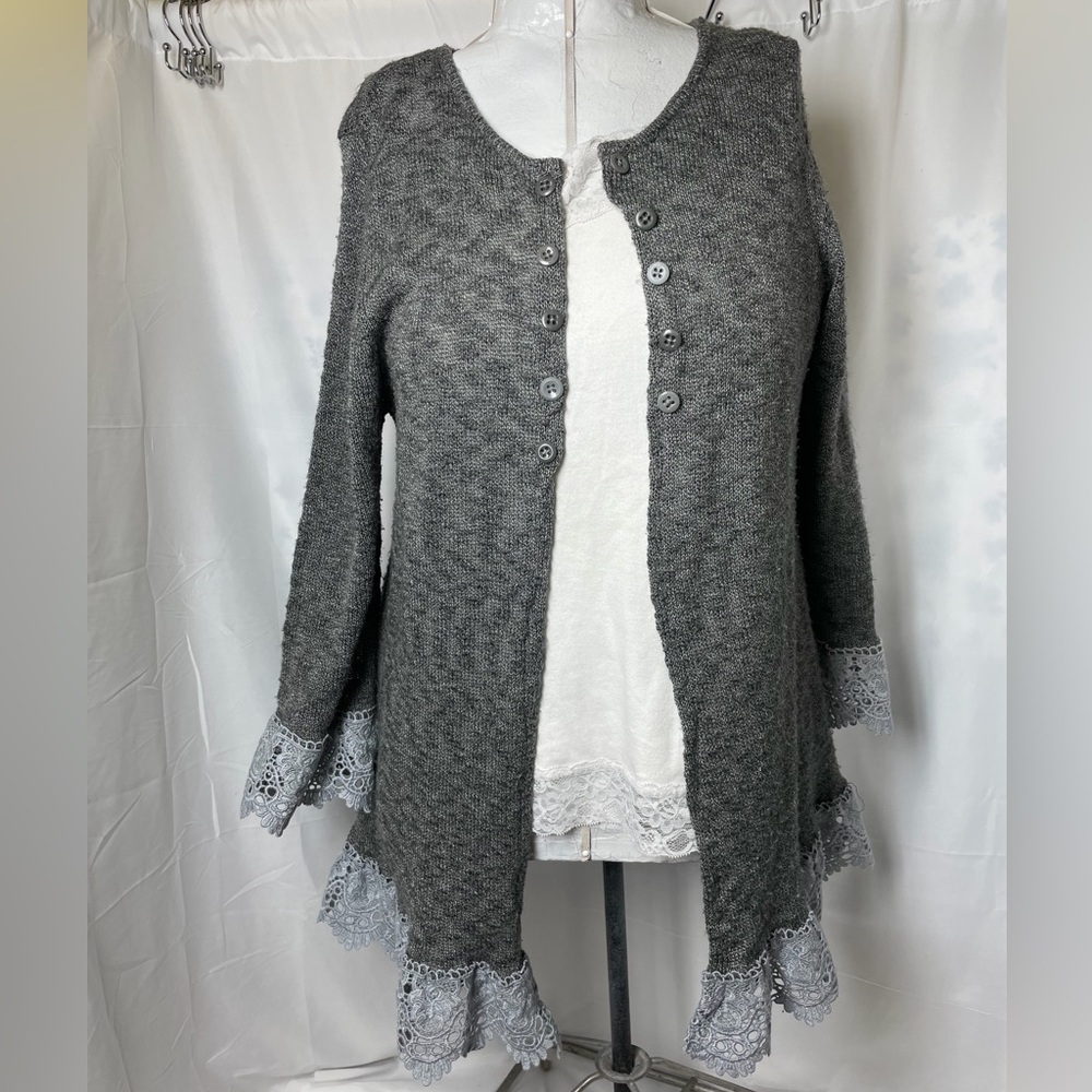 Upcycled Elegant Gray Cardigan with Lace Trim and mixed button details